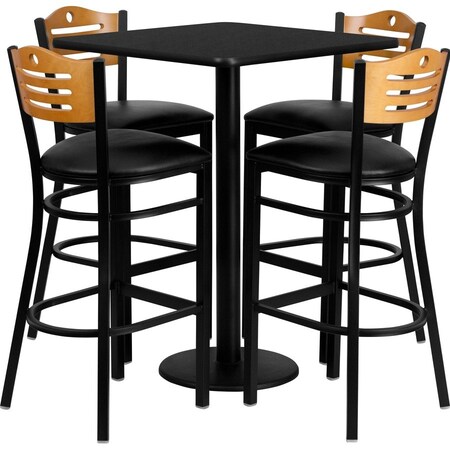Flash Furniture Square Blk Bar Table, Square w/Black Seats, 30", Laminate Top, Wood Grain MD-0019-GG