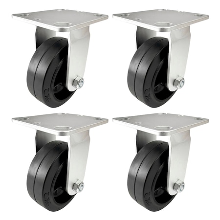 Hyw Products Heavy Duty Caster Set 5in Rubber on Cast Iron Wheels, 4 Rigid, 4PK 40-50R-A1-RC-4