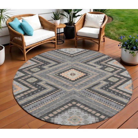 Homeroots 8' Gray Charcoal And Pink Round Tribal Washable Indoor Outdoor Area Rug 598126