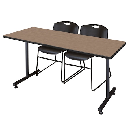 Regency Kobe T-Base Training Seminar Table W/ 2 Zeng Stack Chairs, 60 in W, 30 in L, Noble Oak MKTRCT6030NO44BK