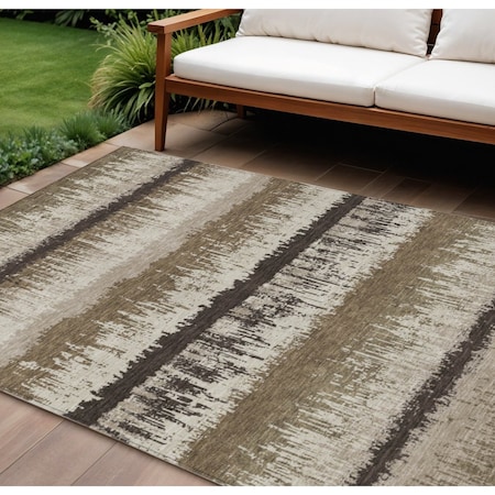 Homeroots 9' X 12' Brown Beige And Ivory Striped Washable Indoor Outdoor Area Rug 598326
