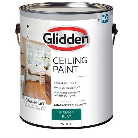 Glidden Grab-N-Go Ceiling Paint, Flat, White, 1 gal, Resists: Spatter, Latex Base 2070T/01