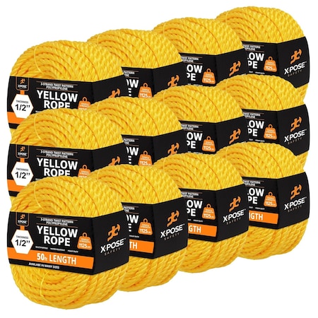 Xpose Safety 1/2in x 50 ft Twisted Polypropylene Rope, Yellow, 12PK YPR12-50-12-X