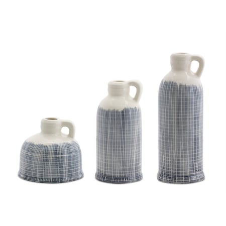 Homeroots Set of Three Off White And Blue Clay Checkered Jug Vases, 3PK 632614