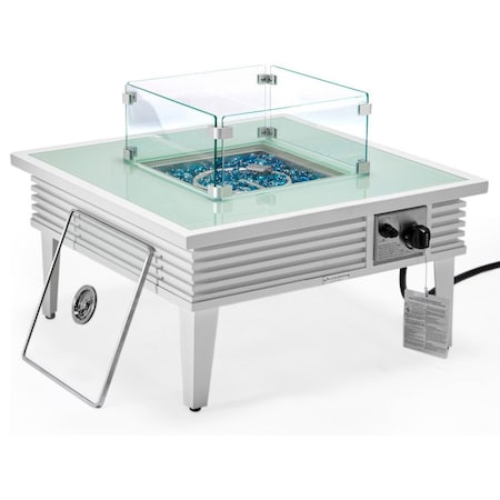 Leisuremod Walbrooke Patio Aluminum Square Slats Design Fire Pit Side Table with Lid & Fire Glass, White WWS-27-GL