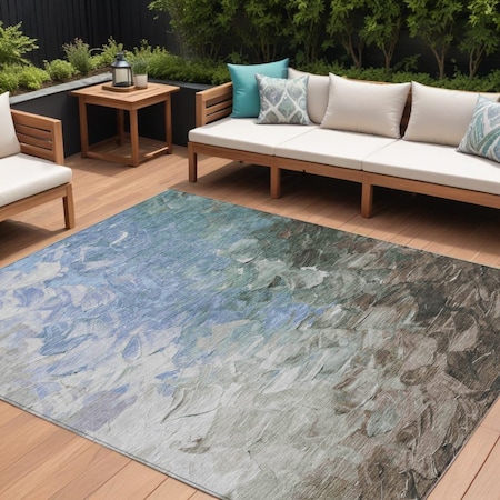 Homeroots 8' X 10' Denim Blue Taupe And Ivory Abstract Washable Indoor Outdoor Area Rug 617350