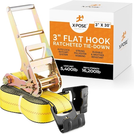 Xpose Safety Ratchet Straps Heavy Duty, 3 In x 30 FT Tie Down Straps Ratchet Operated with Flat Hooks RTD330-FH-1-X