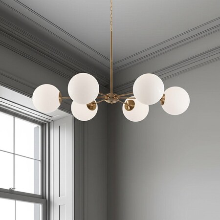 Homeroots Gold Sputnik Six Light Frosted Metal Dimmable Chandelier With White Shades 611341
