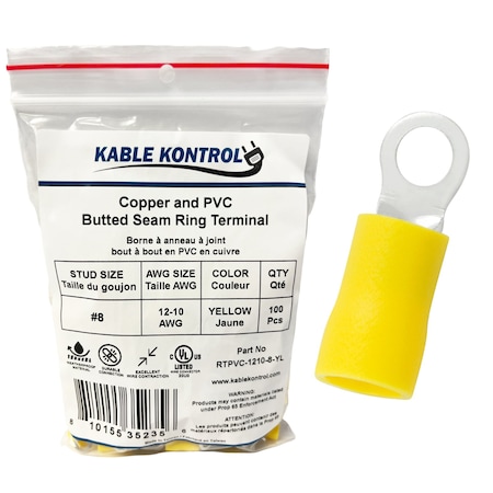 Kable Kontrol Ring Terminal, #8 Stud Size, 10 AWG, Yellow, 100 PK RTPVC-1210-8-YL