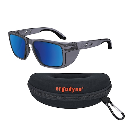 Ergodyne Translucent Smoke Frame Blue Mirror Lens Safety Glasses, AFAS Polarized Mirrored Lenses SIXTEN-AFASPM