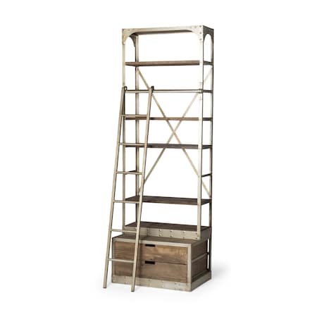 Homeroots 32" Light Brown And Nickel Metal and Solid Wood Six Tier Library Bookcase with Two Drawers 611032