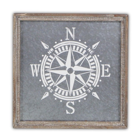 Homeroots 17" X 17" Gray Compass Galvanized Metal And Wood Square Framed Art 634054