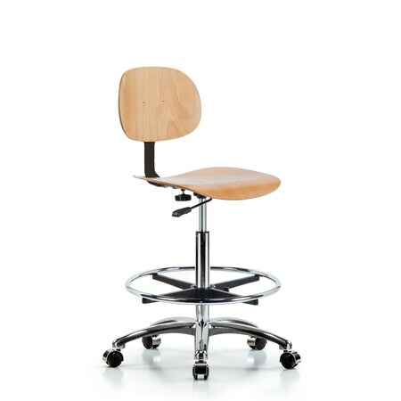 Blue Ridge Ergonomics Wood Chair Chrome - High Bench Height with Chrome Foot Ring & Casters WHBCH-CR-CF-CC