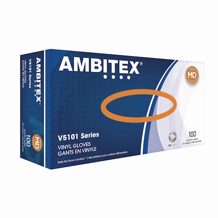 Ambitex V5101 Series Latex-Free Powdered Vinyl Gloves, 3 mil, Medium, Clear, 100PK VMD5101