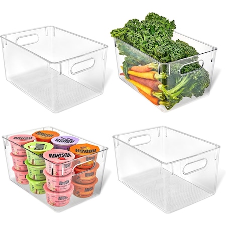 Lifemaster Stackable Refrigerator Bins, Large Capacity, Clear with Easy Grip Handles, 4PK LMLRGST44
