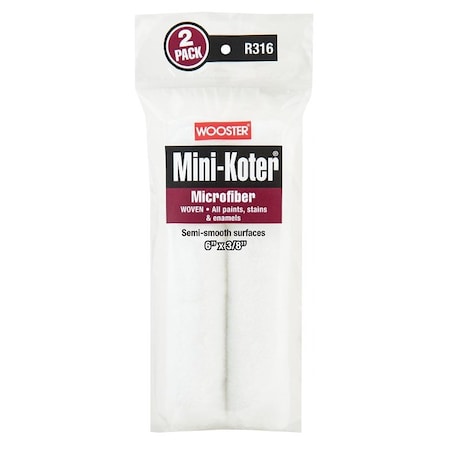 Wooster Mini Roller Cover, 3/8 in Thick Nap, 6 in L, Microfiber Cover, 2/PK, 2PK R316-6
