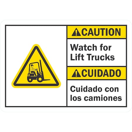 Lyle Caution Watch For Lift Trucks (W/Sym) (Bilingual), 10x7, Non-Reflective, White G-1674-NA_10x7