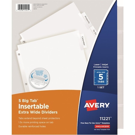 Avery Dennison Avery WorkSaver Extra Wide Big Tab Divider, Blank, 9"x11", 5 Tabs, White/Clear 11221