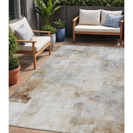 Homeroots 5' X 8' Beige Gray And Khaki Abstract Washable Indoor Outdoor Area Rug 618077