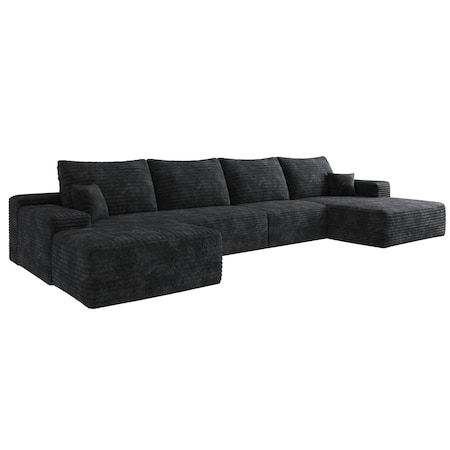 Homeroots 135" Black Corduroy Modular Compression Foam Sofa With Ottoman And Toss Pillows 712945