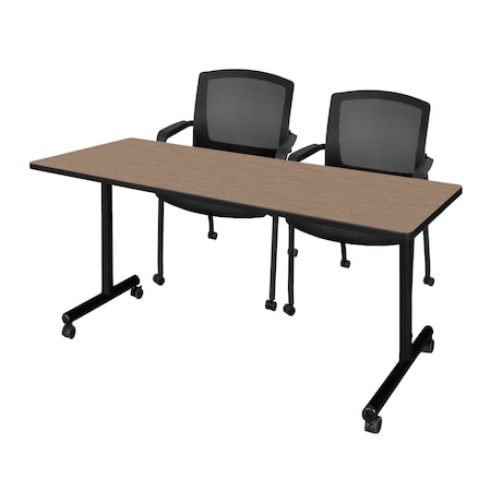 Regency Kobe Mobile T-Base Training Seminar Table W/ 2 Knight Mesh Chairs, 72 in W, 24 in L, Noble Oak MKTRCC7224NO56CBK
