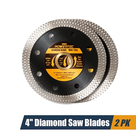 Powertec 4in Diamond Saw Blades for Handheld Tile Saw & Angle Grinder, Super Thin Turbo Mesh Rim, 2PK 14002-P2