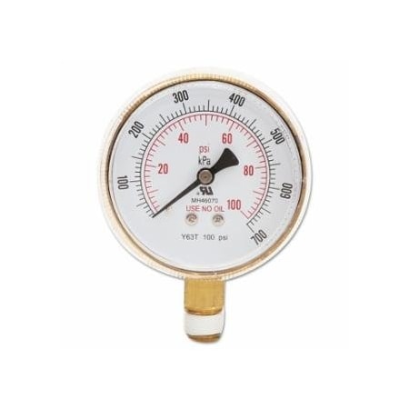 Best Welds Pressure Gauge, 2-1/2 in, 100 psi, Brass, 1/4 in NPT 900-B25100