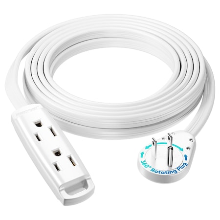 Maximm 15ft 14AWG 3-Outlet 360 degrees Flat Plug Extension Cord w/ Loop, UL, White ADW-S360-C1F15-14W0
