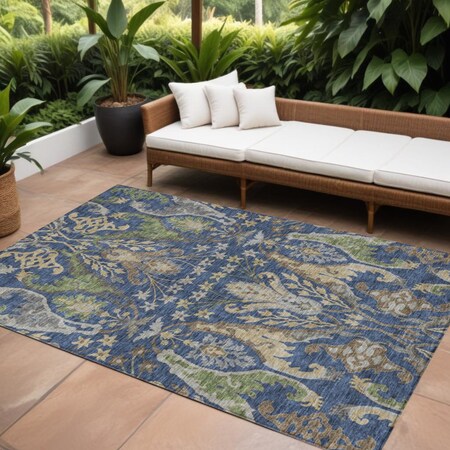 Homeroots 9' X 12' Navy Blue Green And Brown Floral Washable Indoor Outdoor Area Rug 605293