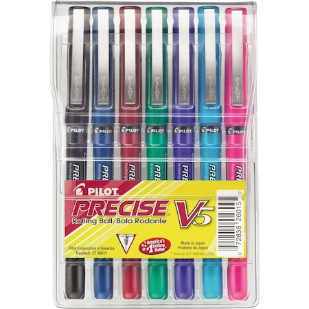 Pilot Precise V5 Rollerball Pen, Non-Refillable, Extra Fine, 0.5mm, Assorted Ink, 7/Pack 26015