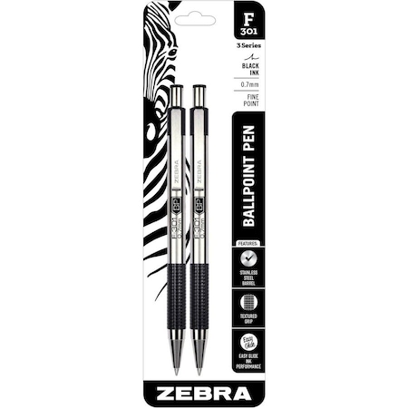 Zebra Pen Ballpoint Pen, Retractable, Fine, Black, PK2 27112