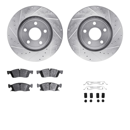 Dynamic Friction Co DFC Brake Rotor - Drilled & Slotted - Silver- Heavy Duty Brake Pad includes Hardware 7412-42008