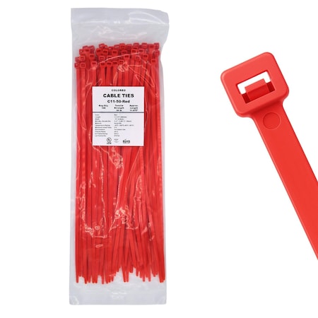 Cable Ties Unlimited Cable Tie, 11 in L, 50 lb Strength, 3.2 in Max Bundle Dia, Nylon 6/6, Red 100PK C11-50-Red