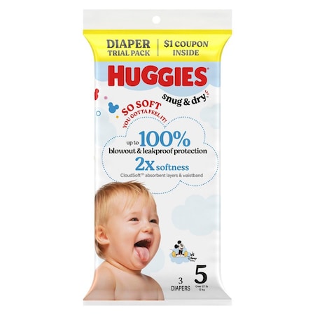 Huggies Infant Diapers, Snug & Dry, Polyester, Heavy, 5 Diaper Size, Trial Pack, 3 Diapers/Pack, 30 PK 57031
