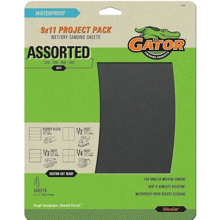 Gator Sanding Sheet, 9 in L, 11 in W, 220, 320, 400, 600 Grit, Extra Fine/Ultra Fine/Very Fine 4475