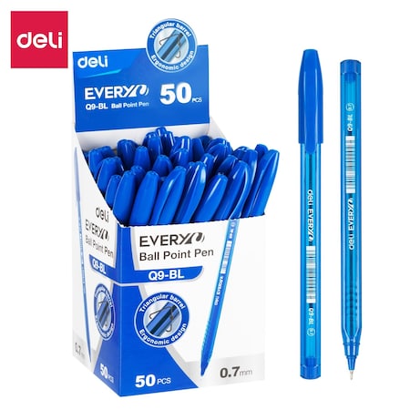 Deli EveryU Capped Ballpoint 0.7mm, Blue Ink, Triangular Grip, 50PK EQ9-BL