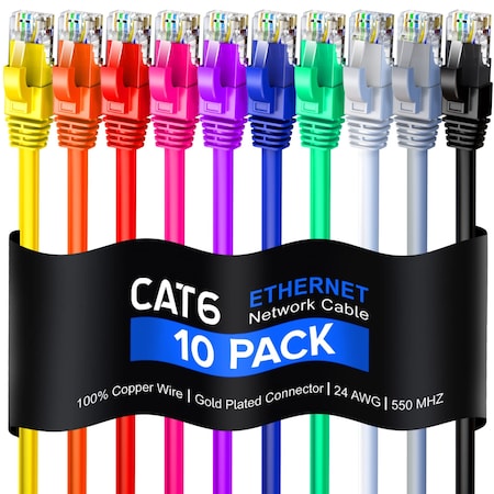 Maximm 12ft Cat6 Pure Copper UTP Ethernet Cable, 10PK, Multicolor, 10PK CAT612FT10PKMULTI