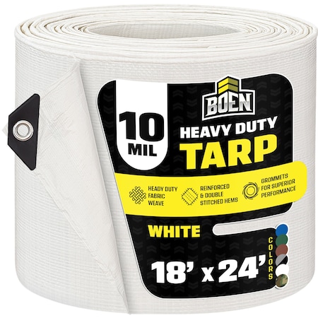 Boen Heavy Duty Tarp, 18 ft x 24 ft, 10 Mil, White, Polyethylene WT-1824