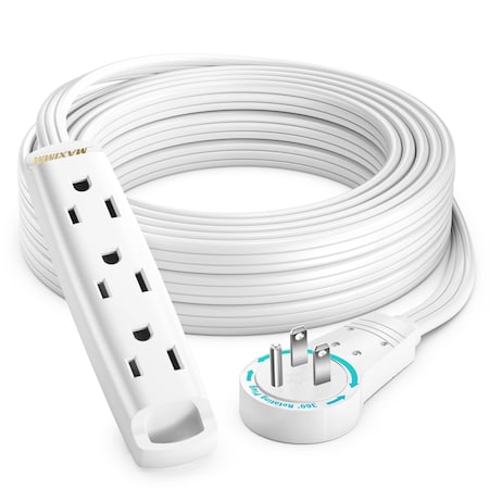 Maximm 15ft 3-Outlet 360 degrees Flat Plug Extension Cord, One Sided), Long Reach UL, White ADW-360-C3F15-16W0