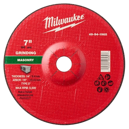 Milwaukee Tool Grinding Wheel, 7/8" Sz, 7" dia. 49-94-1965