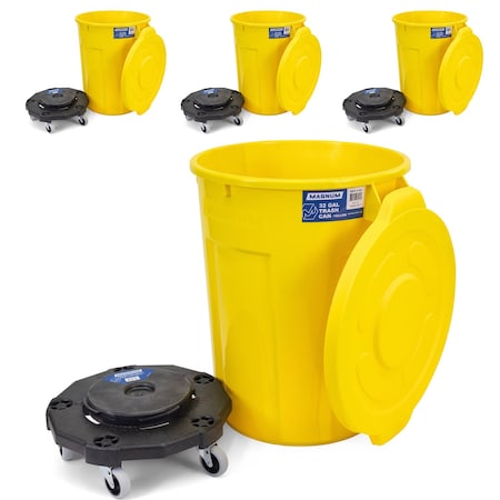 Magnum Tool Yellow 32 Gallon Trash Can Set (Trash Can, Quiet Dolly, and Reinforced Lid) (4 Set) CMTC-CLD0-32Y04