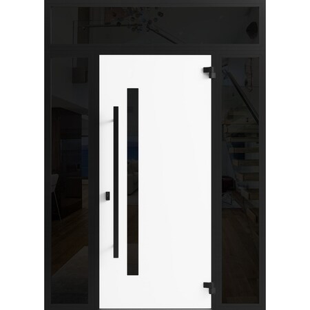 Vdomdoors Front Exterior Prehung Steel Door Ronex0144 Grey 2 Sidelight and Transom Window Sidelite Entry RONEX0144EXD-GRE-W12+36+12 X H80+16-LH-I