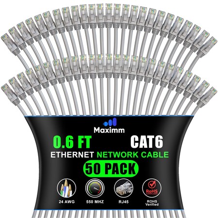 Maximm Cat6 Ethernet Cable 0.6ft 10Gbps 550MHz UTP, 50PK, Gray, 50PK CAT6CCA-0.6GR-50PK
