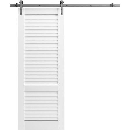 Sartodoors Barn Door 30 x 80 inches, Louver 3388 White Silk, 6.6FT Silver Rail Track Hardware Set, Louvered LOUVER3388BD-S-WS-2884