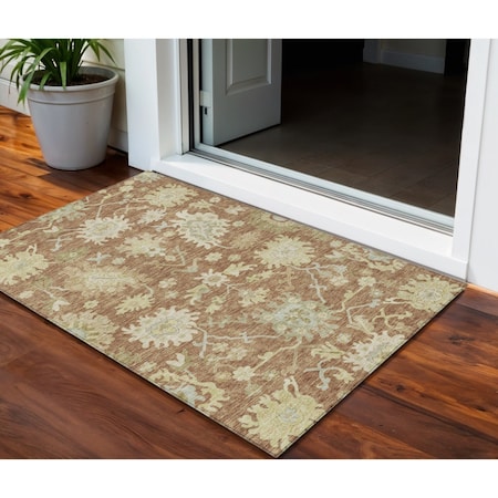 Homeroots 3' X 5' Copper Green And Ivory Floral Washable Indoor Outdoor Area Rug 605217