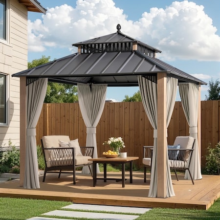 Sunjoy Kingston 10x10 Gazebo with Metal Roof, Curtain, and Netting - Woodgrain Aluminum Posts A10204362000