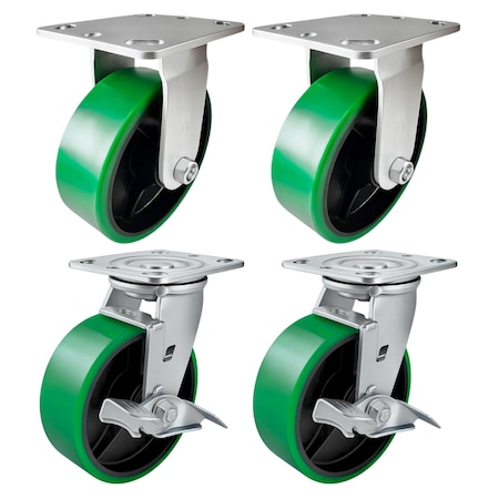 Hyw Products Heavy Duty Caster Set 6in Green Polyurethane on Cast Iron Wheels, 2 Rigid & 2 Swivel w/ Brake, 4PK 40-60R-A1-PC-2,40-60S-A1-PC-TB-2 (G)