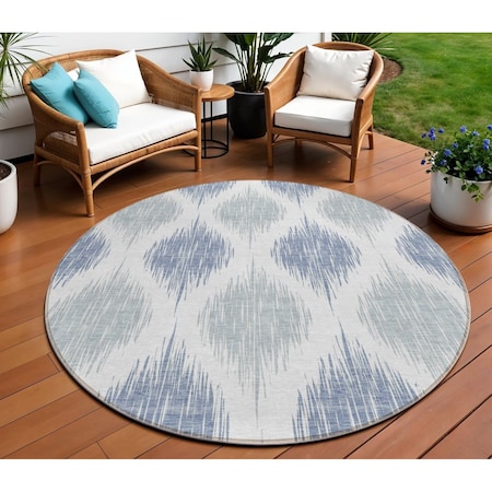 Homeroots 8' Sky Blue Ivory And Denim Blue Round Ikat Washable Indoor Outdoor Area Rug 589124