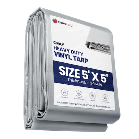 Tarps Now Heavy Duty Tarp, 5 ft x 5 ft, 20 Mil, Gray, Vinyl FSVC18G-0505