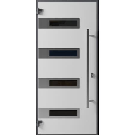 Vdomdoors Front Exterior Prehung Steel Door Ronex0131 Black Enamel Stainless Inserts Entry Metal Modern RONEX0131EXD-BLK-W36 X H80-RH-I